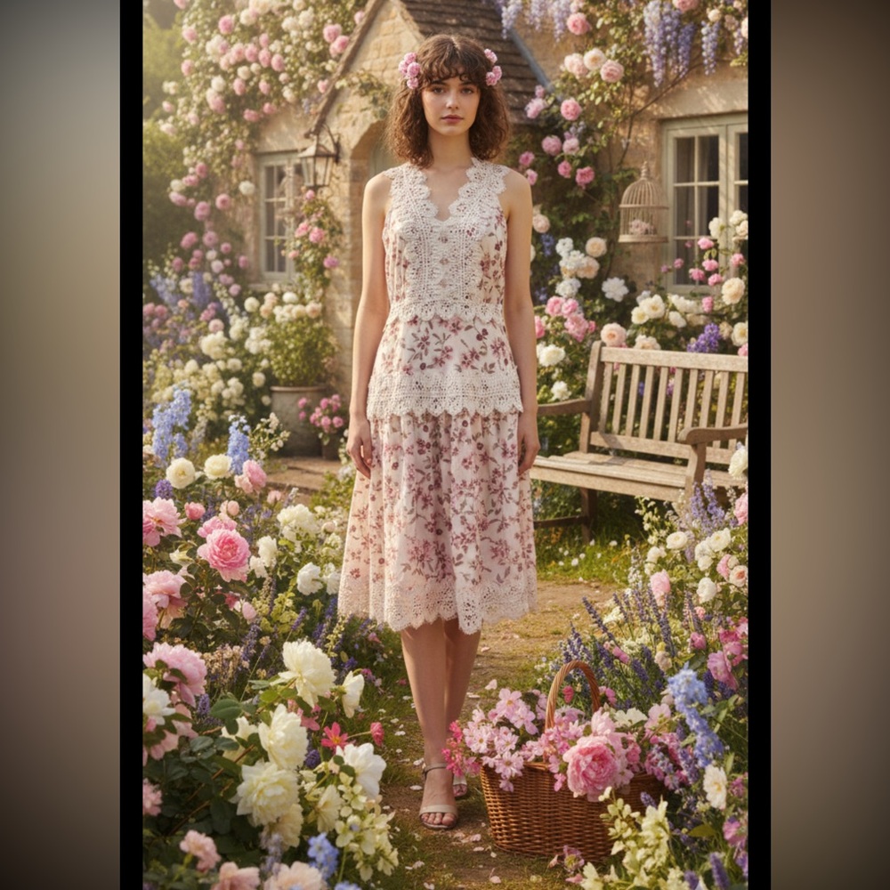 Adelyn Rae midi Dress cottage Lace Femenine romantic pink floral XS classy fresh